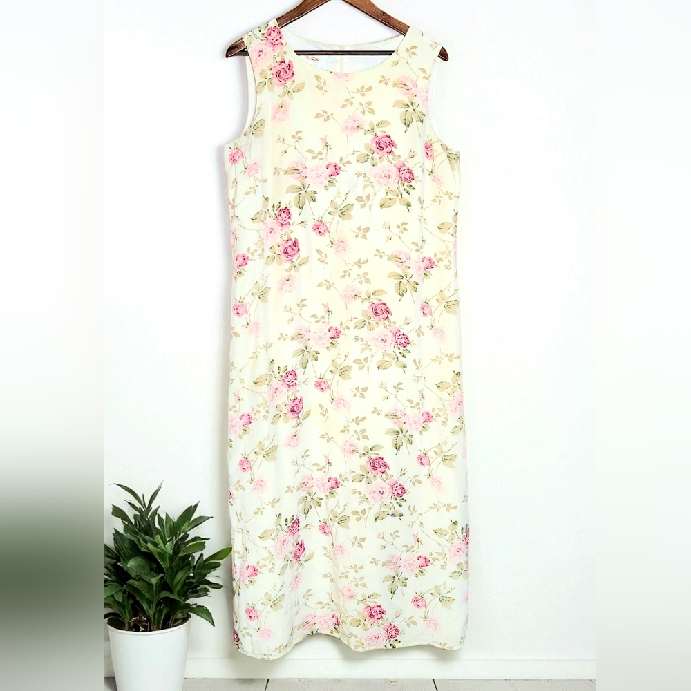 Talbots Silk Floral Roses Midi Dress Womens 16 Sleeveless Yellow Pink Green